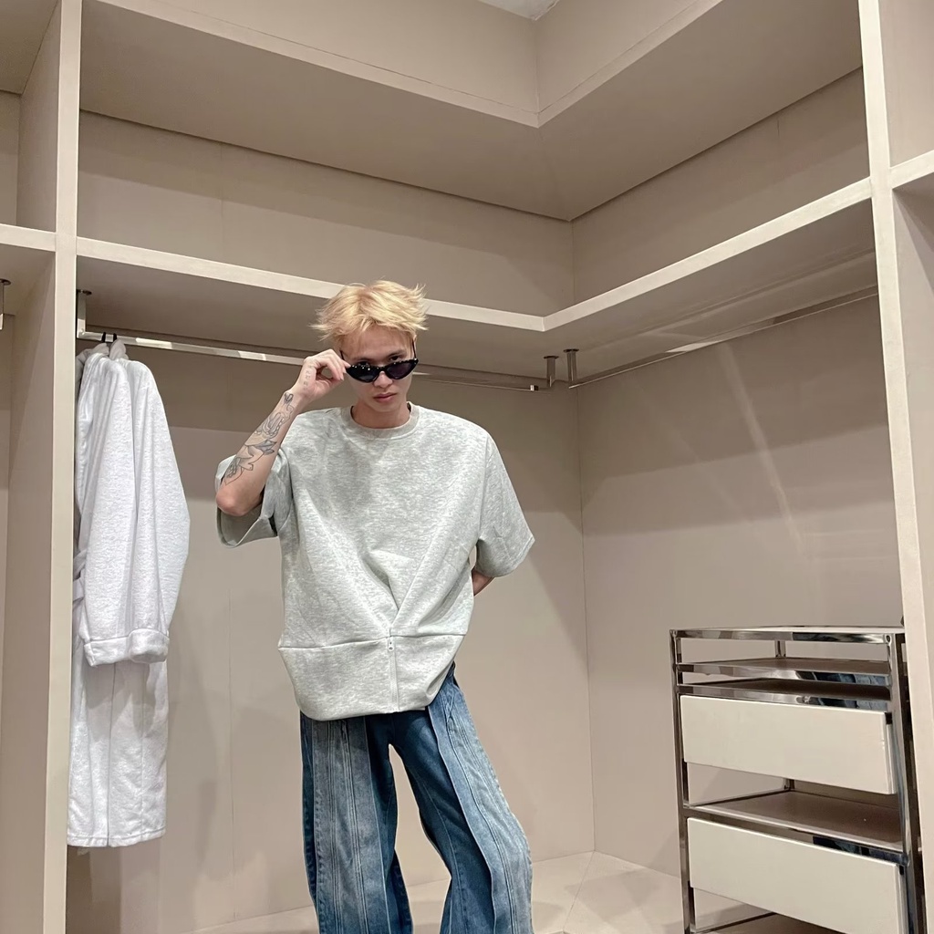 Áo Thun Cao Cấp Cảm Giác Hàn Quốc Thiết Kế Với Đường Viền Màu Trơn Có Khóa Kéo