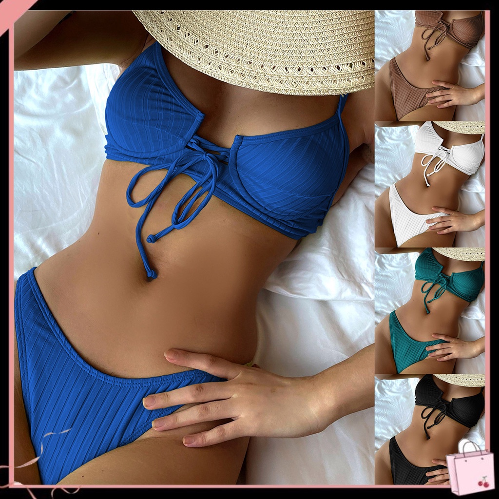Bộ Bikini 2 Mảnh Dây Màu Sắc Trơn Quyến Rũ Thoải Mái Cho Nữ