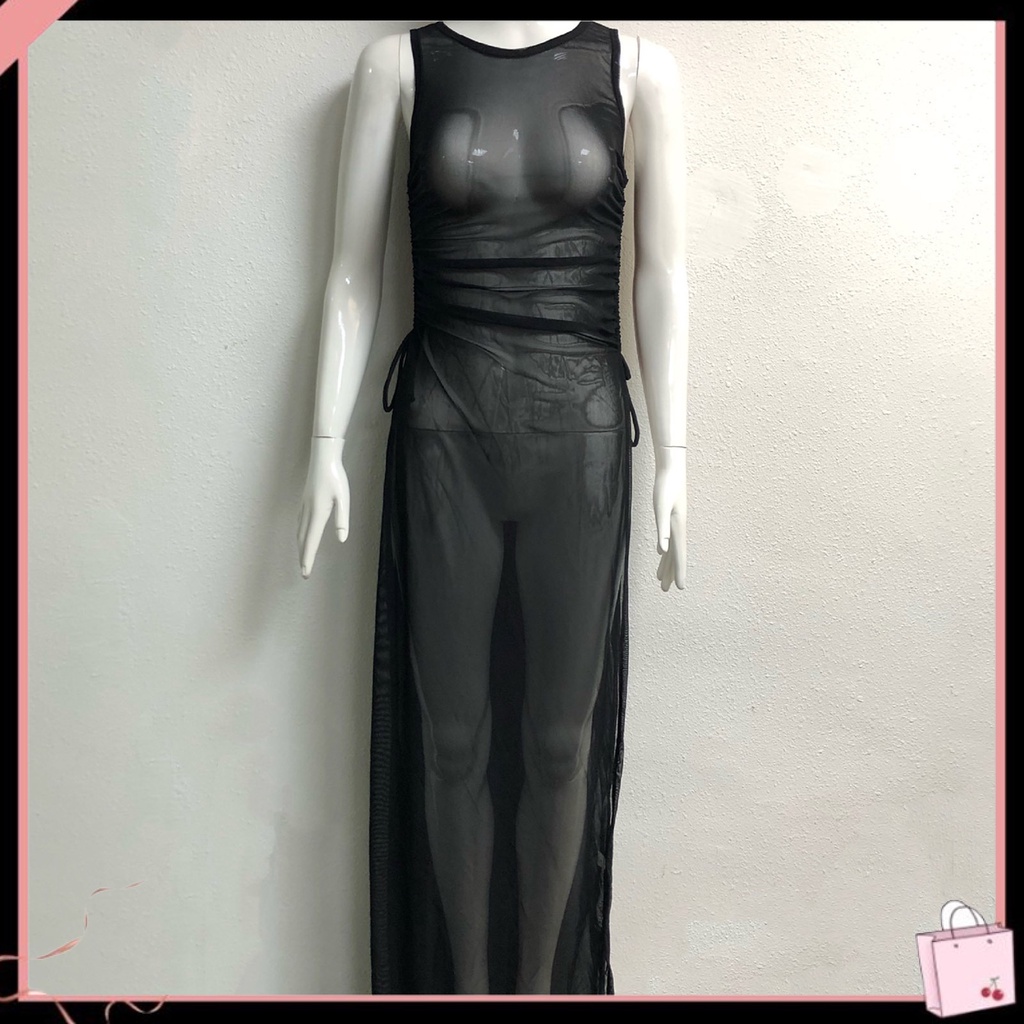 Đầm Lưới Không Tay Cổ Tròn Xẻ Tà Cao Trong Suốt Thời Trang Đi Biển Cho Nữ