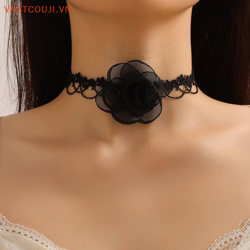 Vòng Cổ Choker Phối Ren Hoa Trà Đen Phong Cách Gothic Quyến Rũ Cho Nữ