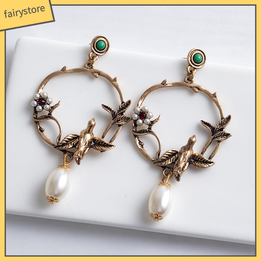 Bông Tai Hình Hoa / Chim Đính Ngọc Trai Giả Phong Cách Retro Dành Cho Nữ