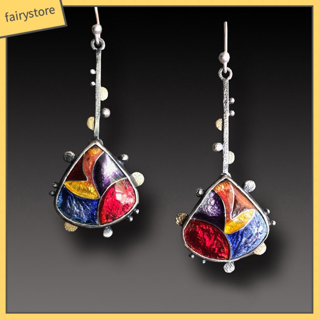 Bông Tai Dáng Dài Hình Giọt Nước Phối Khối Màu Thời Trang Cho Nữ