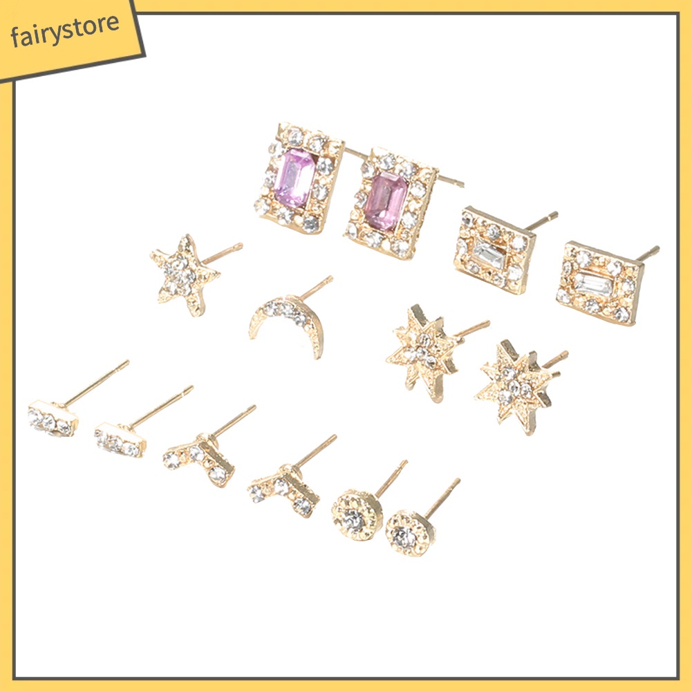 [FRO] Set 7 Cặp Bông Tai Hình Ngôi Sao Mặt Trời Mặt Trăng Chữ V Đính Kim Cương Giả Cho Nữ