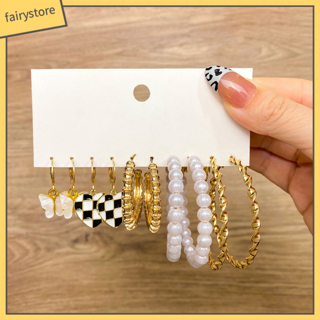 Set 5 Đôi Bông Tai Dạng Vòng Hình Học Họa Tiết Kẻ Ô / Trái Tim / Bướm / Ngọc Trai Giả Màu Trắng Đen Thời Trang Cho
