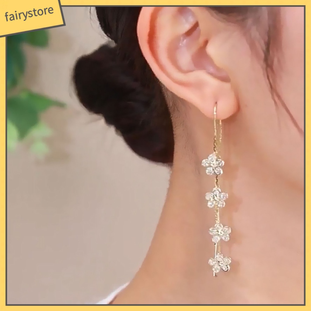 1 Đôi Bông Tai Dáng Dài Hình Hoa Đính Đá Lấp Lánh Sang Trọng Không Gây Dị Ứng Thời Trang Cho Nữ