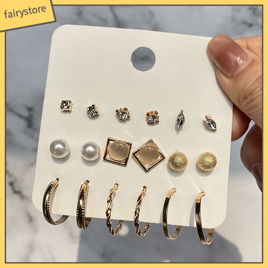 Set 9 Đôi Bông Tai Đính Đá / Ngọc Trai Giả Lấp Lánh Thời Trang Cho Nữ