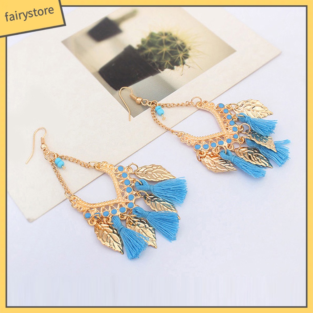 Bông Tai Dáng Dài Hình Chiếc Lá Bằng Kim Loại Phối Tua Rua Phong Cách Bohemian Thời Trang Cho Nữ