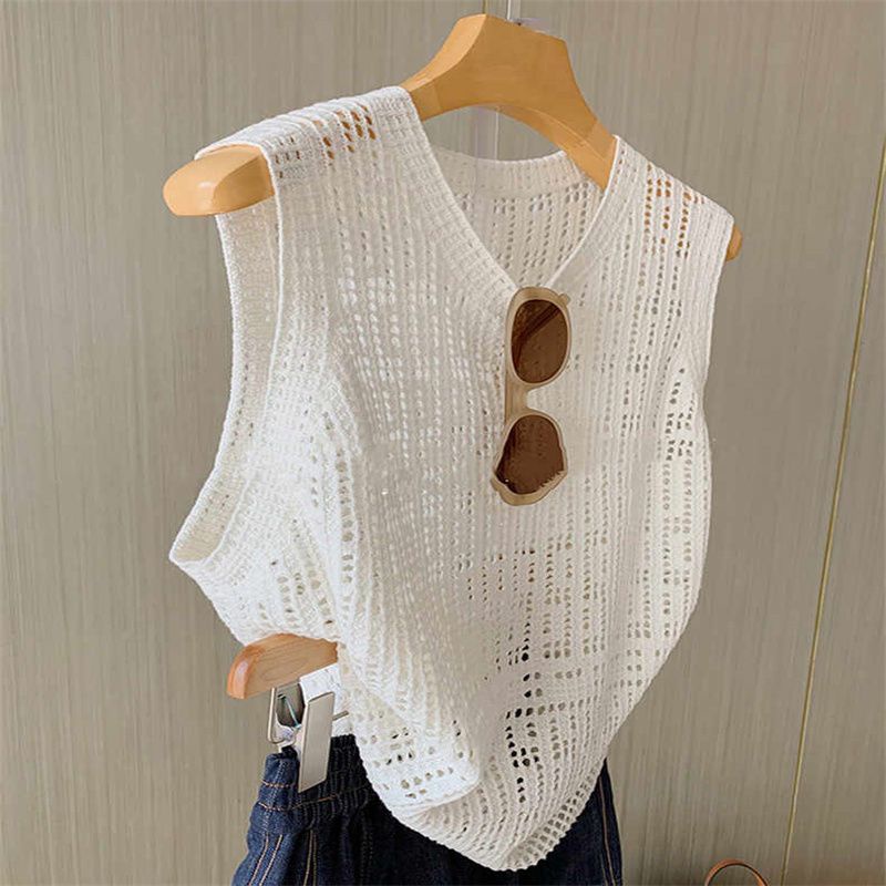 [Mát Mẻ Mùa Hè] Áo Không Tay Bằng Lụa Lạnh Kết Cấu Tốt Phong Cách Mới 2022 Chất Lượng Cao Phối Dây Xích Nối Bằng Cotton Dệt Kim