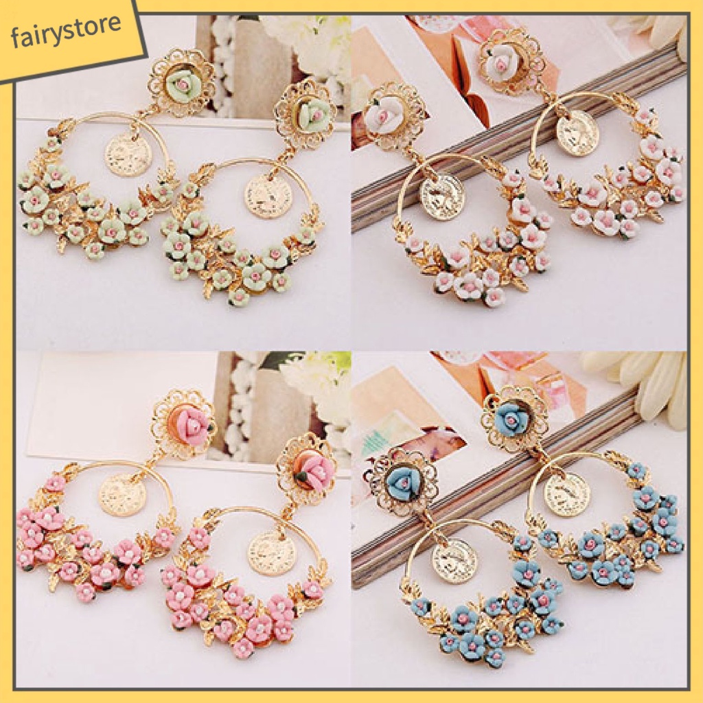 [FRO] Khuyên Tai Tròn Họa Tiết Hoa Thời Trang Dành Cho Nữ