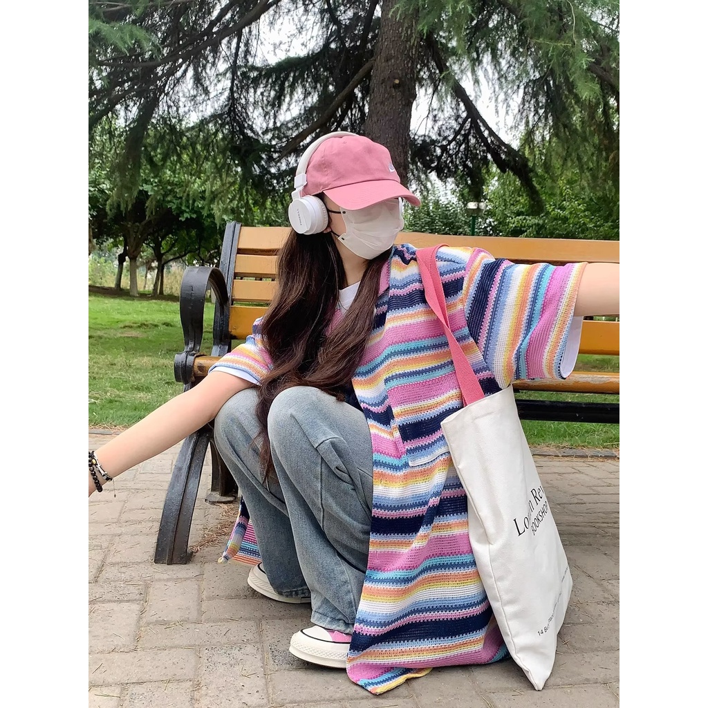 Áo Sơ Mi Ngắn Tay Họa Tiết Sọc Cầu Vồng Thời Trang Dành Cho Nam Và Nữ