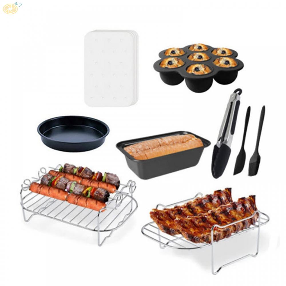 【VARSTR】Air Fryer Accessory Set Multi Purpose 9 Piece Kit with Non Stick Coated Pans &amp; Skewer Rack