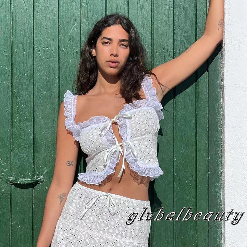 Áo Croptop Không Tay Phối Ren Nhún Bèo Màu Sắc Đơn Giản Phong Cách Đường Phố Cho Nữ