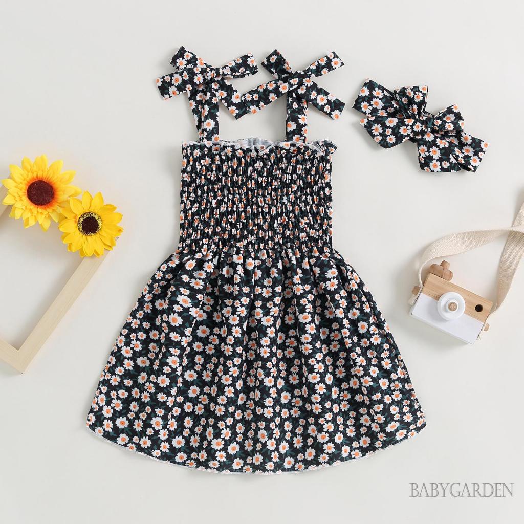 Đầm Hai Dây Mùa Hè In Họa Tiết Hoa Thắt Nơ Kèm Băng Đô Cho Bé Gái 1-6 Tuổi