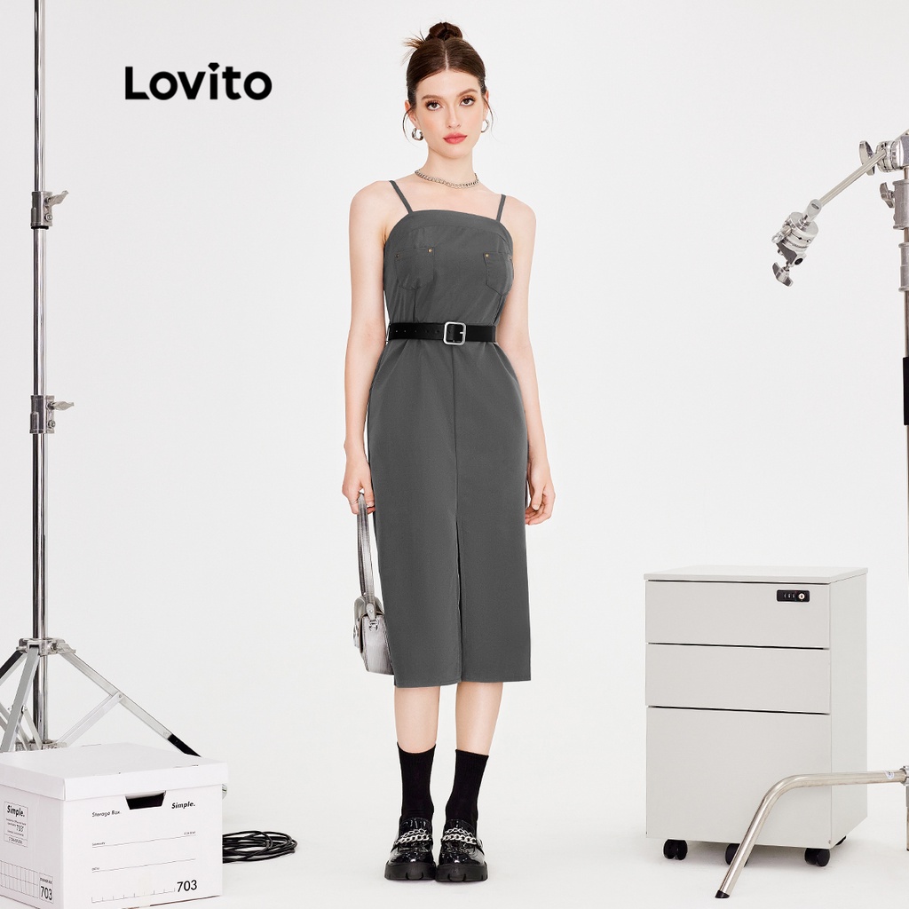 Đầm Lovito xẻ tà phối túi thắt lưng màu trơn thường ngày cho nữ L51ED117 (màu xám đậm)