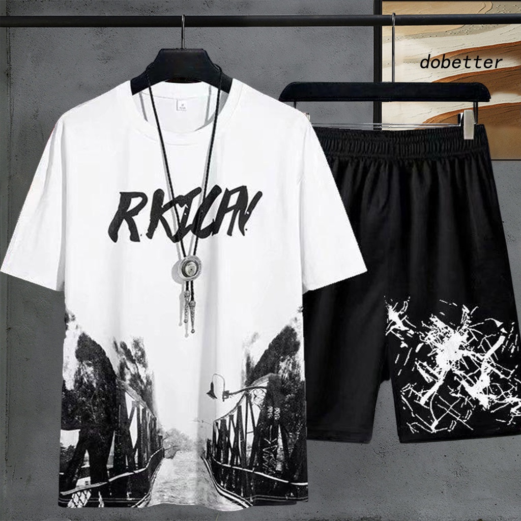 Set Đồ Thể Thao 2 Món Áo Thun Tay Ngắn Cổ Tròn Phối Quần Short Lưng Thun In Chữ Phong Cách Đường Phố Cá Tính