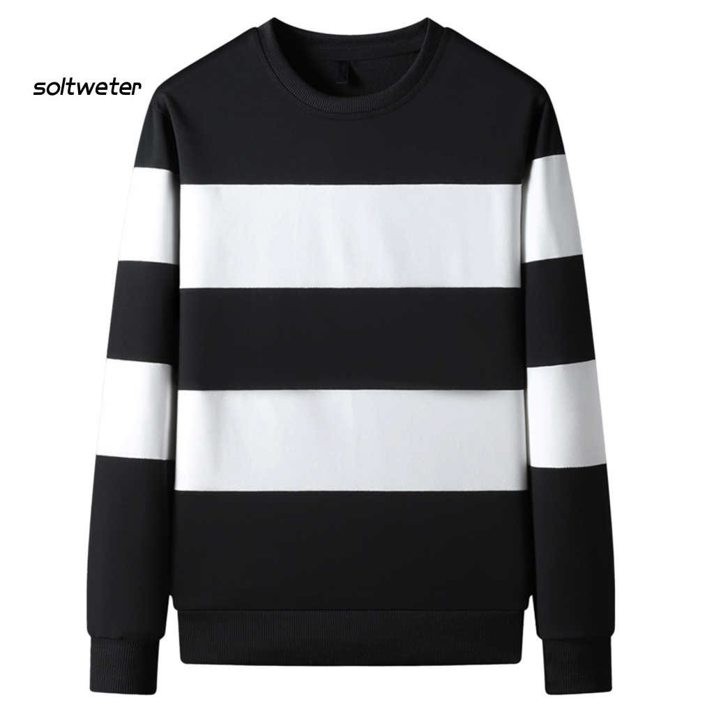 Áo Nỉ Tay Dài Cổ Tròn Họa Tiết Kẻ Sọc Màu Tương Phản Giữ Ấm Mềm Mại Thời Trang Cho Nam