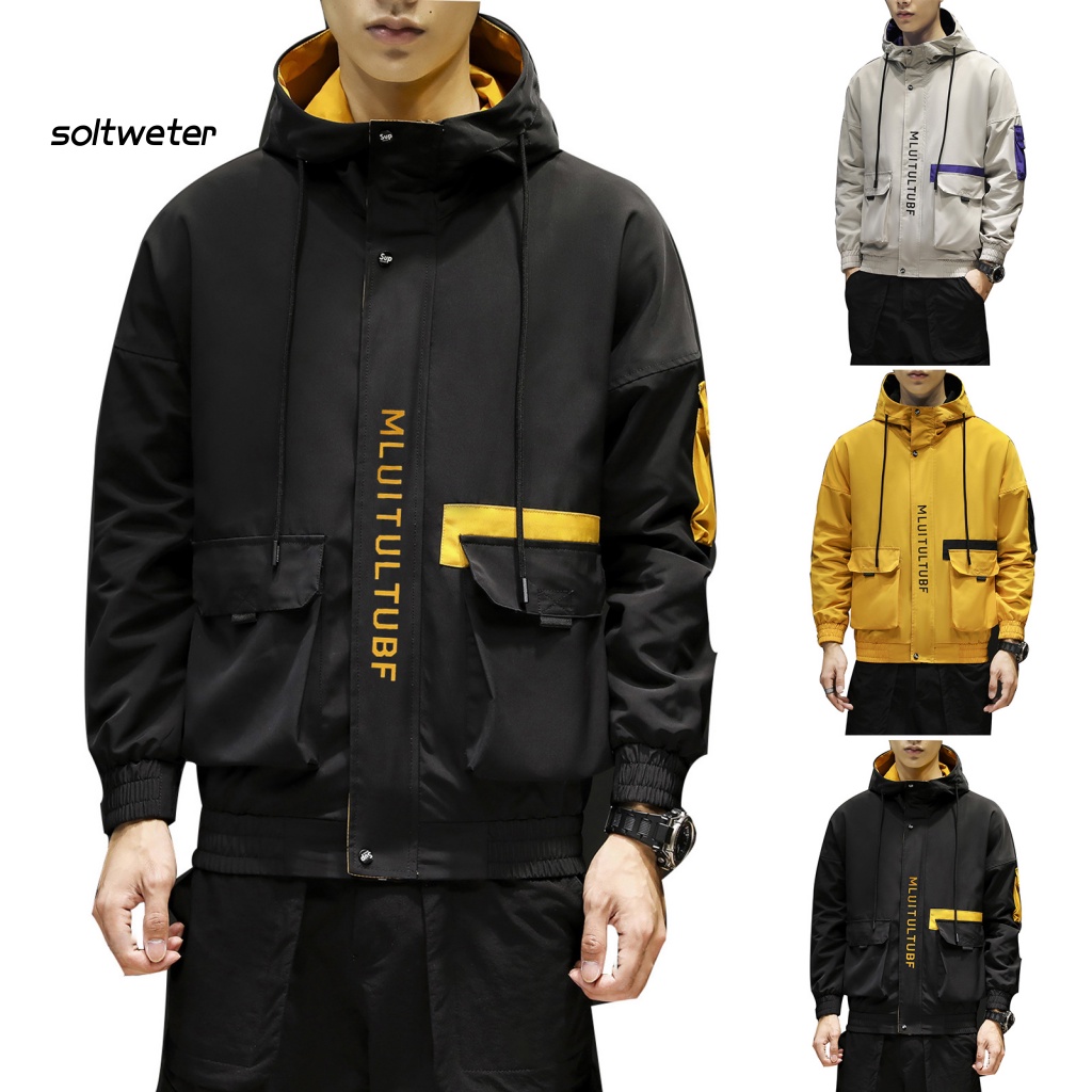 Áo Khoác Bóng Chày Có Mũ Trùm Phối Dây Rút Nhiều Túi In Chữ Màu Khối Thời Trang Mùa Thu Cho Nam