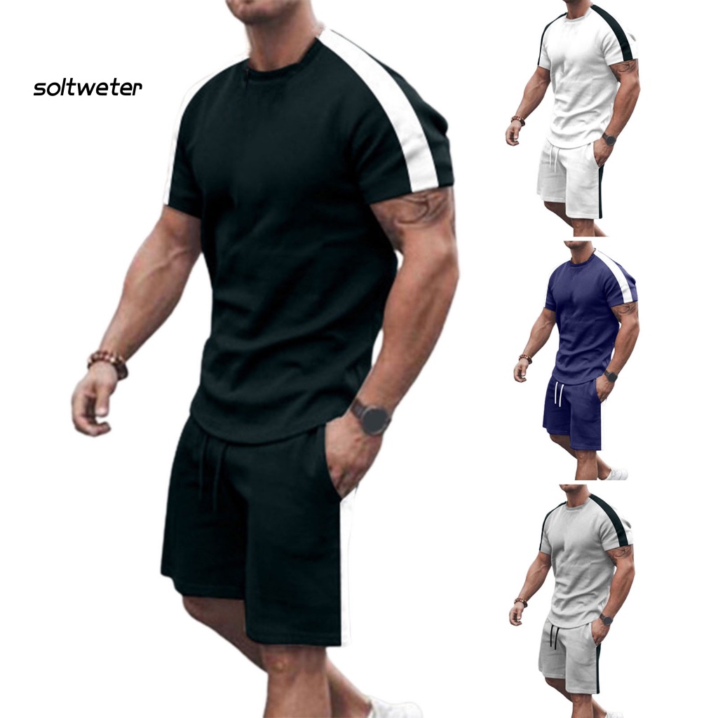 Bộ Đồ Thể Thao 2 Món Áo Thun Cổ Tròn Phối Quần Short Lưng Thun Màu Sắc Tương Phản Thời Trang Mùa Hè Cho Nam