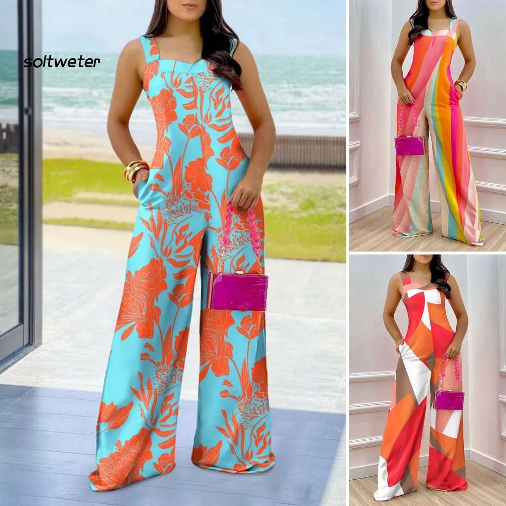 Bộ Áo Liền Quần Hai Dây Ống Rộng In Họa Tiết Nhiều Màu Thời Trang Mùa Hè Cho Nữ