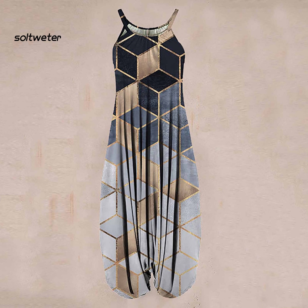 Áo Liền Quần Baggy O Vải Mềm Thoáng Khí In Họa Tiết Hình Học Cổ Điển Mùa Hè Cho Nữ