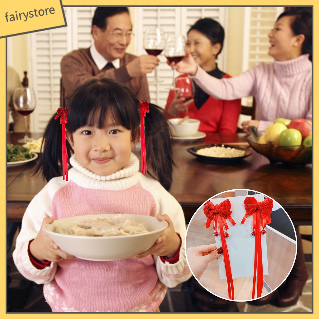 1 Cặp Kẹp Tóc Nơ Ruy Băng Dài Màu Đỏ Dễ Thương Có Chuông Thanh Lịch Dành Cho Bé Gái Mặc Trong Năm Mới