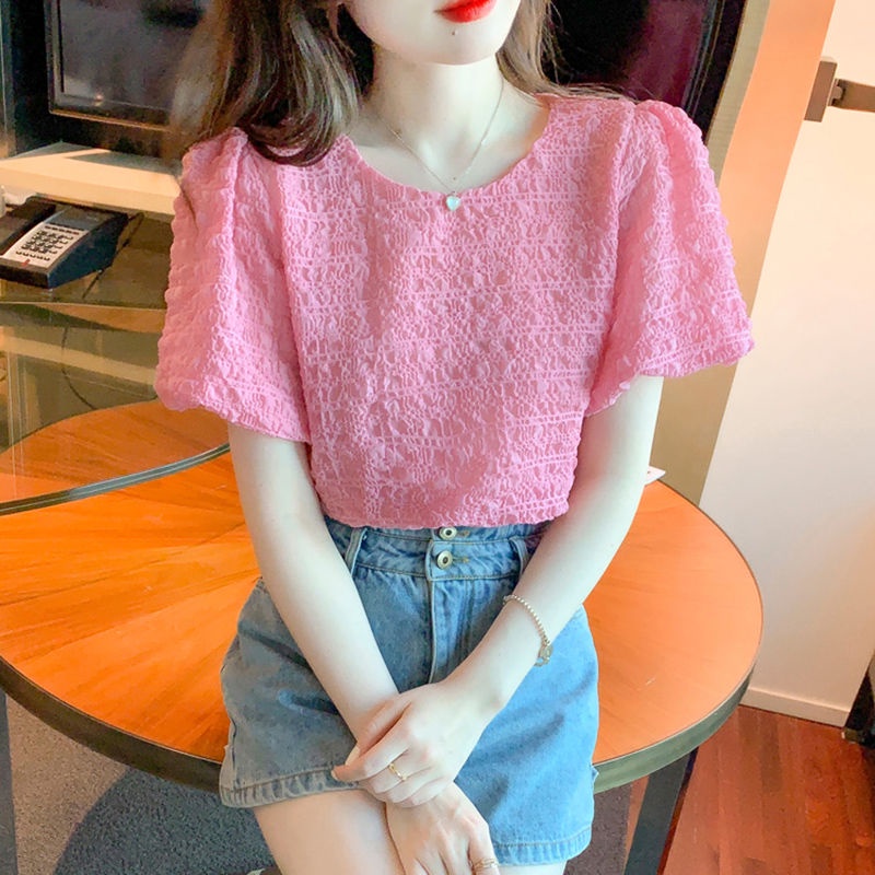 Áo Chiffon Cổ Tròn Tay Phồng Thời Trang Mùa Hè Cho Nữ