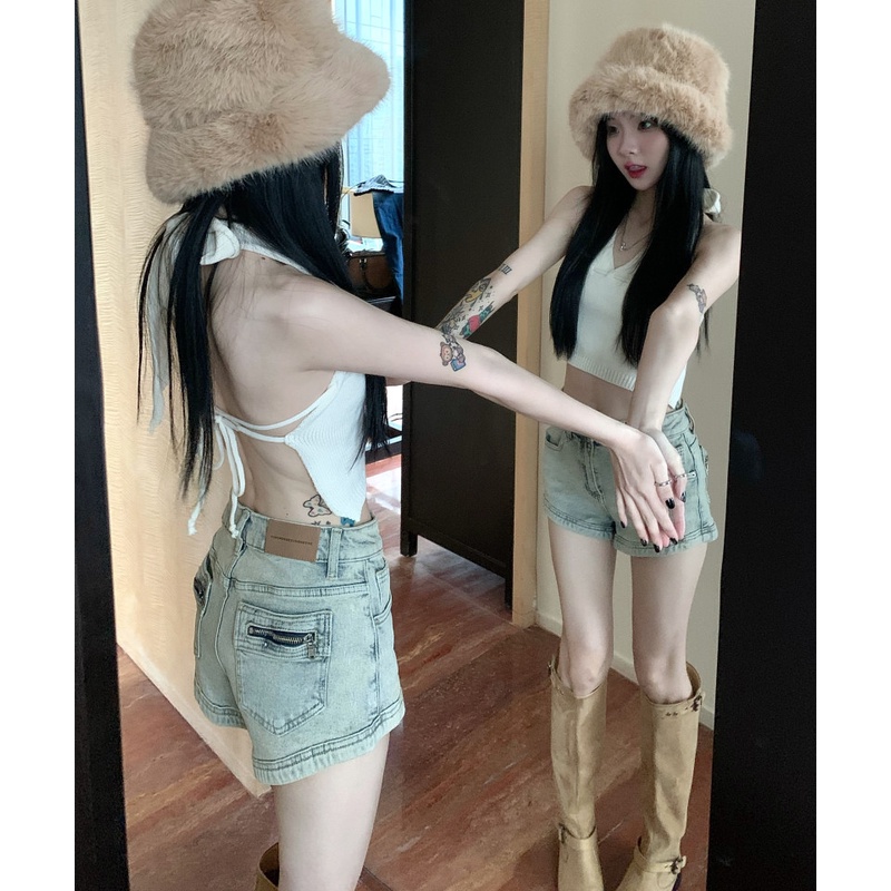 Quần Short Denim Lưng Cao Phối Khóa Kéo Thời Trang Mùa Hè Cá Tính