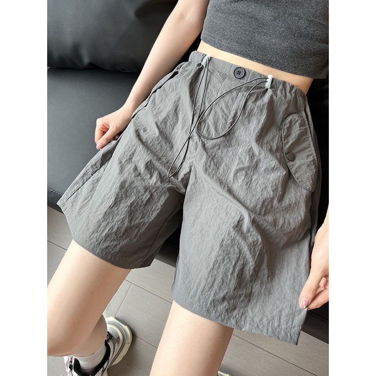 Quần Short Thể Thao Ống Rộng Lưng Cao Nhanh Khô Màu Xám Thời Trang Mùa Hè Cho Nữ