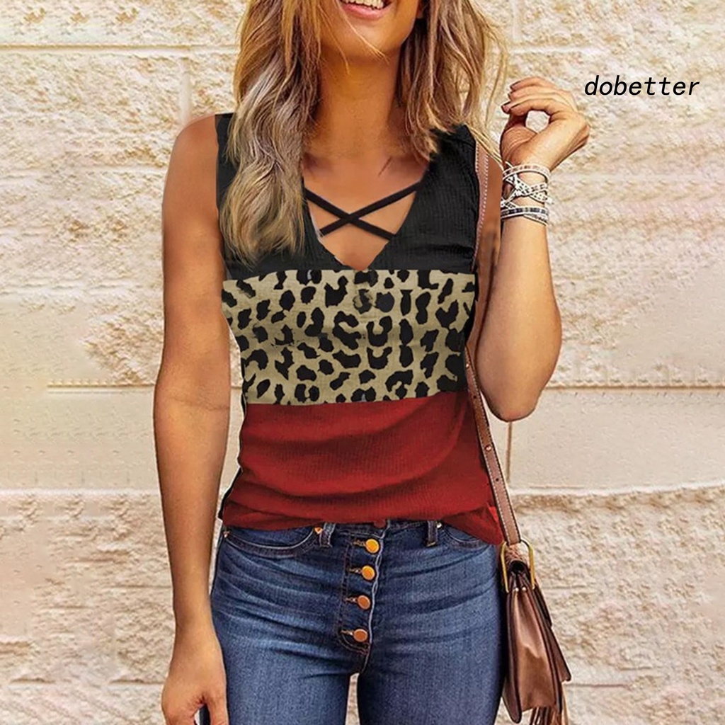 Áo Thun Sát Nách Cổ Chữ V Dây Chéo Ôm Dáng Thoáng Khí In Họa Tiết Da Báo Thời Trang Đường Phố