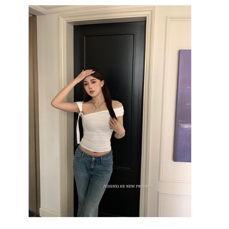 Áo Hai Dây Dáng Ngắn Hở Vai Có Khóa Gài Màu Bạc Thời Trang Cho Nữ