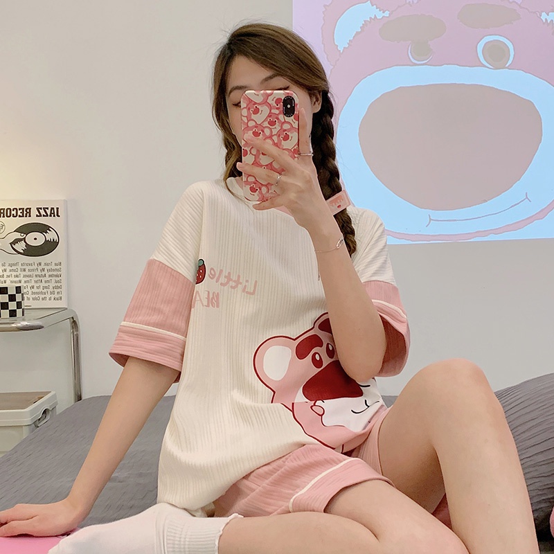Bộ Đồ Ngủ Cotton Cổ Tròn Tay Ngắn Họa Tiết Hoạt Hình Thời Trang Mùa Hè 6535