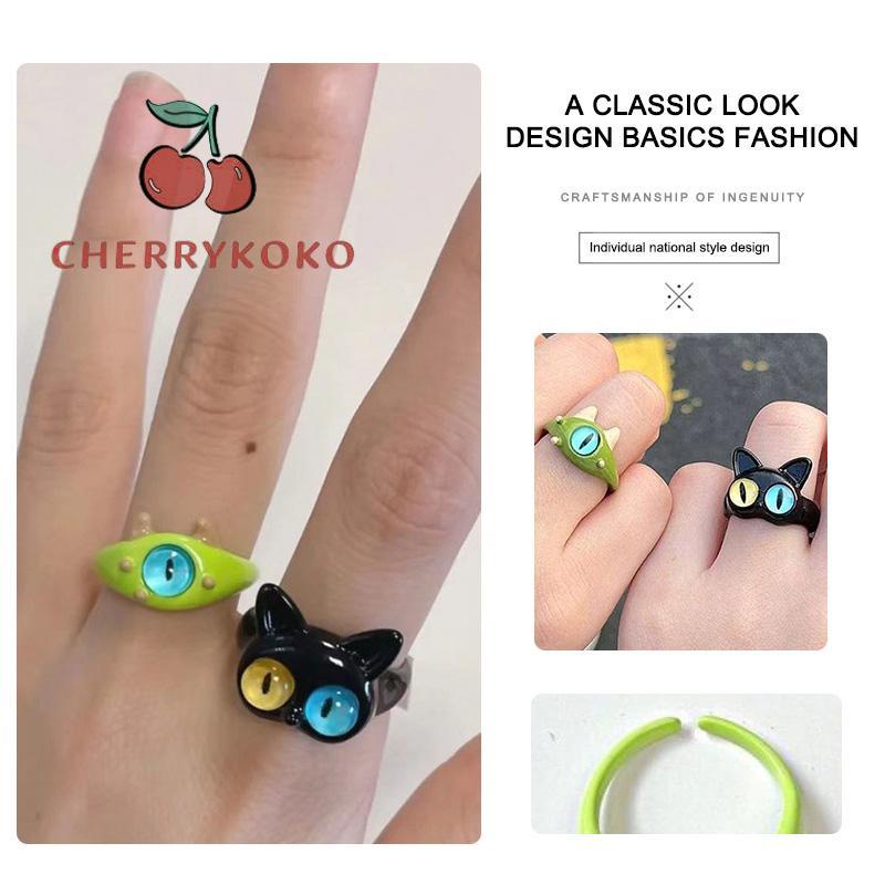 🍒🍒CHERRYKOKO Nhẫn Hình Mèo Đen Mắt To Dễ Thương Vui Nhộn Cho Cặp Đôi