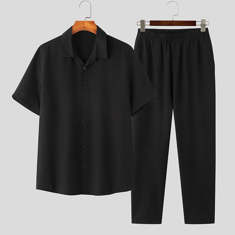 Set Áo Sơ Mi Tay Ngắn Cổ Bẻ + Quần Dài Lưng Cao Thời Trang Hàn Quốc Cao Cấp