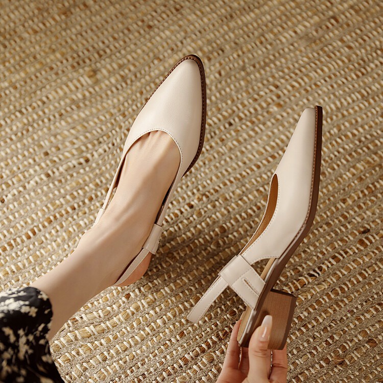 Duoya Giày Sandal Bít Mũi Nhọn Gót Dày Vừa Bằng Da Mềm Màu Be Cho Nữ ~ [Hàng Có Sẵn] Miễn Phí Vận Chuyển