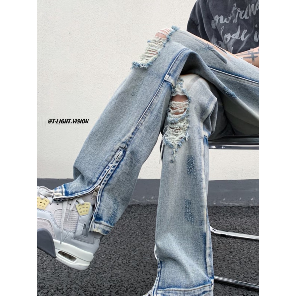 Quần Jean Dài Rách Phối Khóa Kéo Phong Cách Hip Hop Thời Trang Mùa Hè Cá Tính Cho Nam