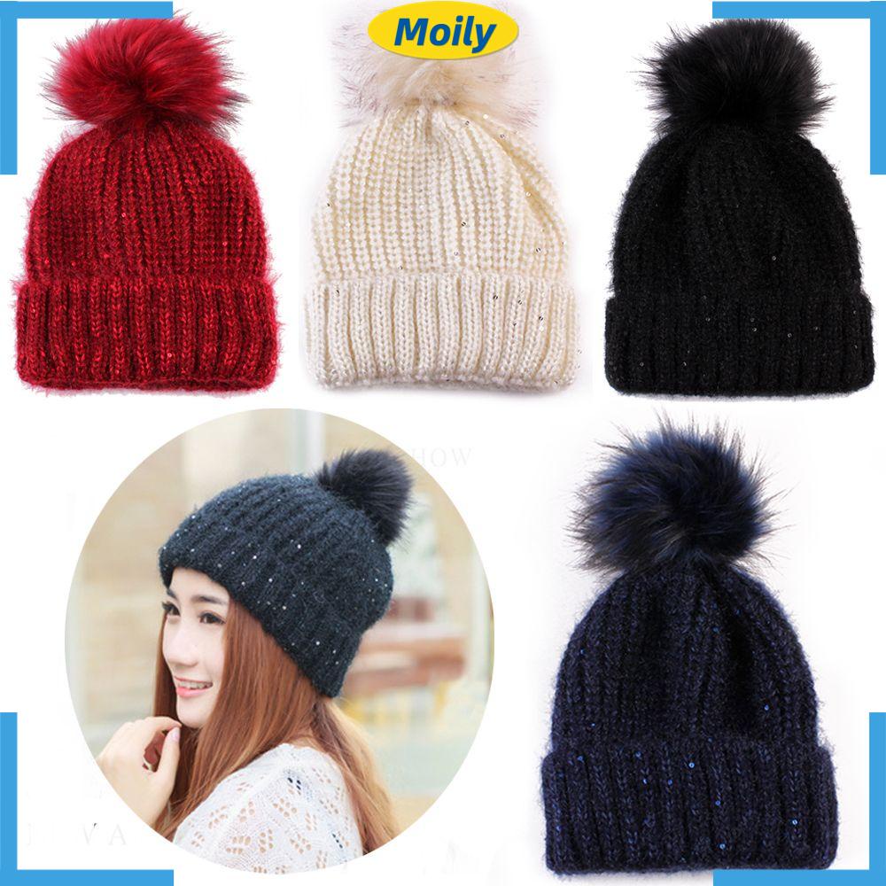 Mũ Len Dệt Kim Đính Quả Bông Thời Trang Mùa Đông Mới