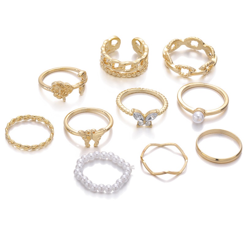 Ygt Set 10 Nhẫn Đeo Khớp Ngón Tay Họa Tiết Hình Học Đính Ngọc Trai / Hoa Hồng / Bướm / Hình Học Phong Cách
