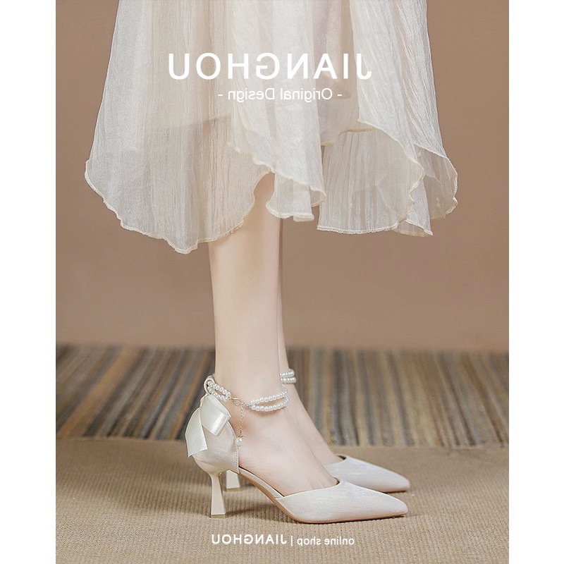 Duoya Tóc Thẳng ~ [Hàng Có Sẵn] [Sandal Cao Cấp Niche Đính Nơ Ngọc Trai Siêu Cổ Tích Miễn Phí Vận Chuyển