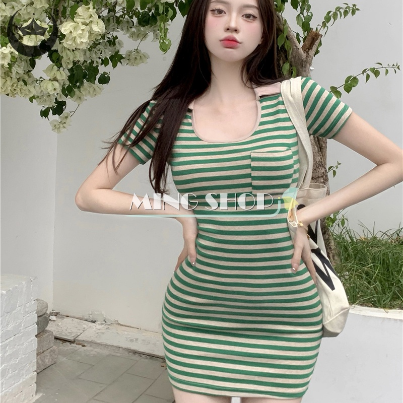 Đầm Tay Ngắn Cổ Chữ U Họa Tiết Kẻ Sọc Thời Trang Mùa Hè Cho Nữ