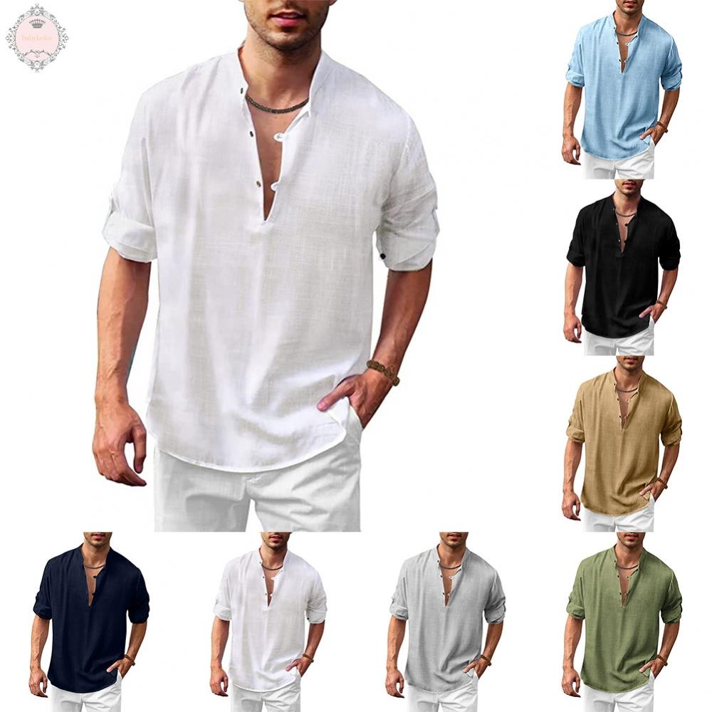 Comfortable Cotton Blend Men's Button Down Henley V Neck Long Sleeve Loose Shirt Tops