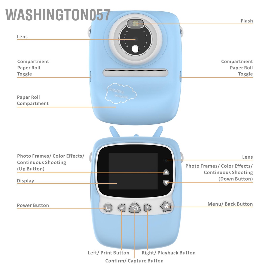 Washington057 Máy ảnh selfie kỹ thuật số cho trẻ em P01B In tức thì Màn hình IPS 2 4 inch ghi video Ống kính kép 1800W