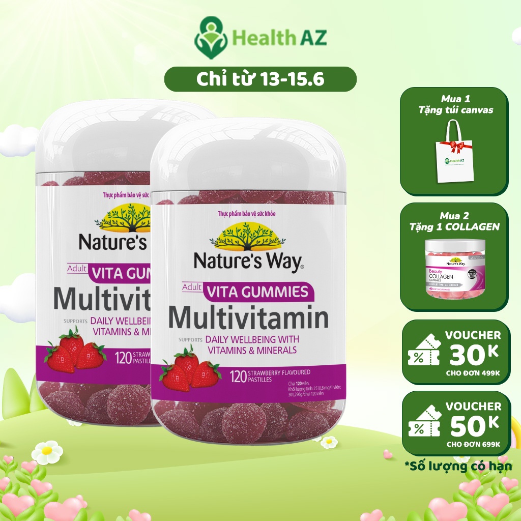 Combo 2 Kẹo Dẻo Vitamin Tổng Hợp Adult Vita Gummies Multi-Vitamin NATURE'S WAY Tăng Cường Sức Khỏe, Hộp 120 Viên x 2