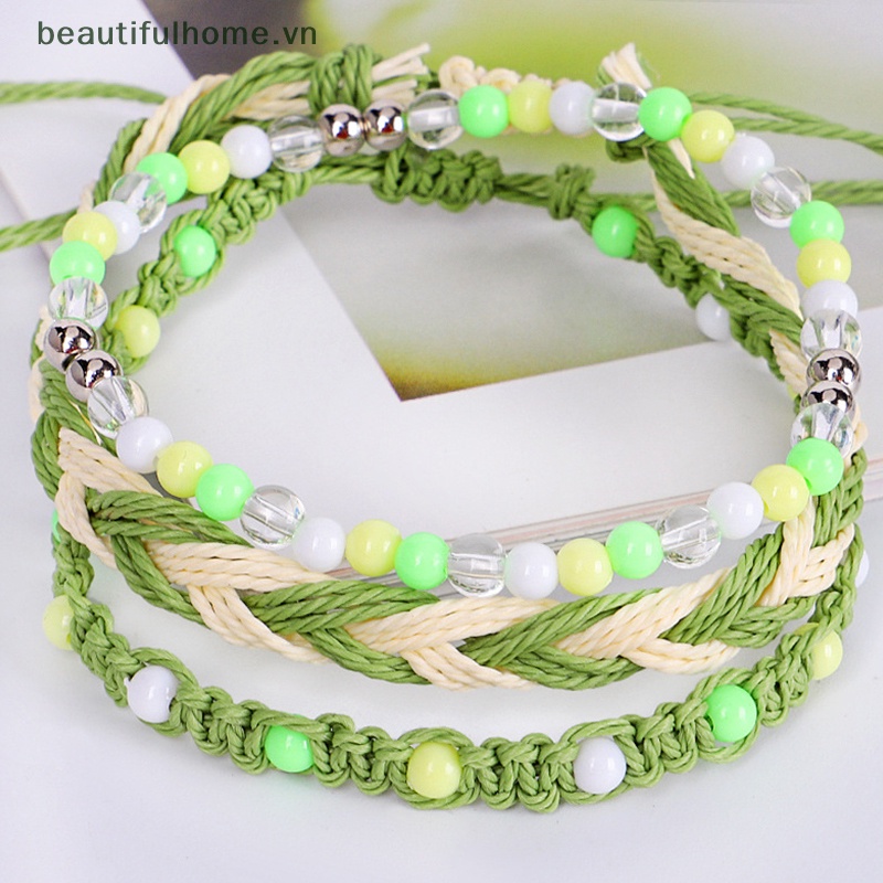 Bộ 3 Vòng Tay Dây Bện Xỏ Hạt Nhiều Màu Phong Cách Bohemian Thời Trang
