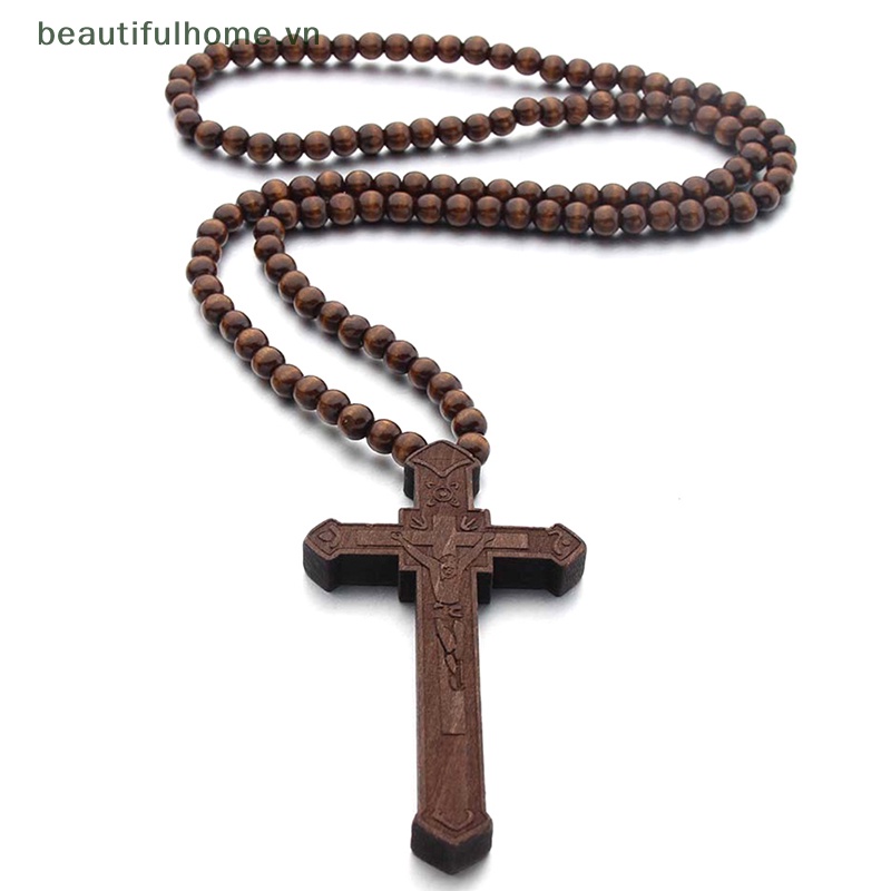 [beautifulhome] Vòng cổ Chuỗi Hạt Gỗ Mặt Thánh Giá Cổ Điển Làm Quà Tặng Cho Nam Và Nữ
