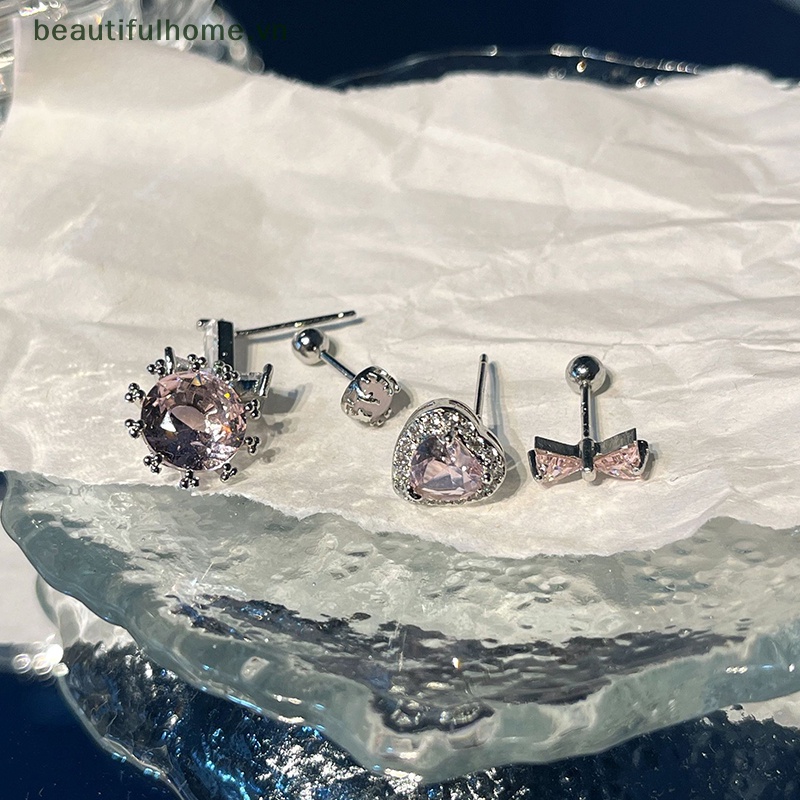 Bông Tai Hình Nơ / Trái Tim Phối Tua Rua Đính Đá Zircon Màu Hồng Ngọt Ngào Dễ Thương Cho Nữ