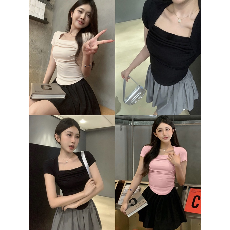 SUXI Set Áo Thun Ngắn Tay Cổ Vuông Và Chân Váy Chữ A Màu Sắc Đơn Giản