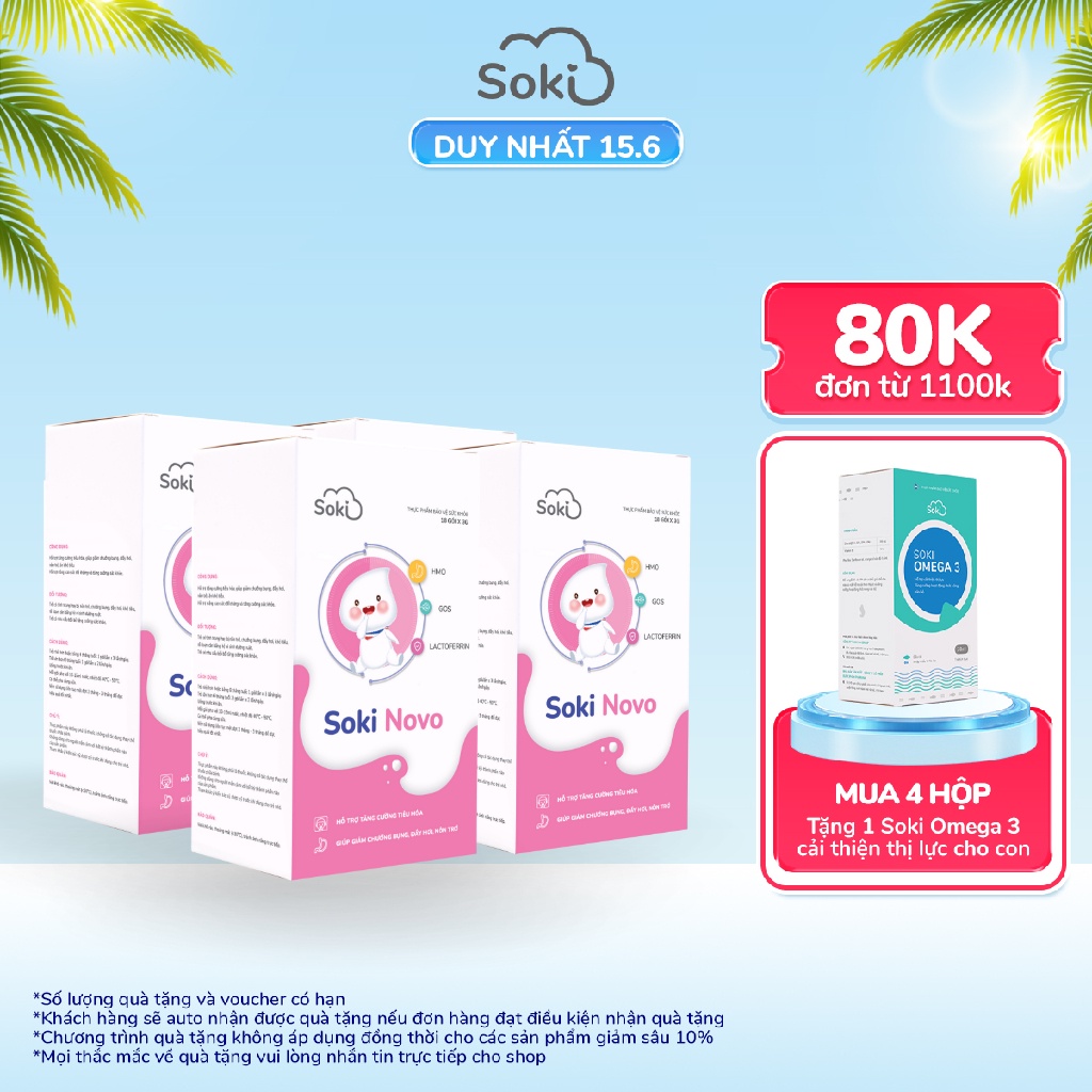 Combo 4 Bột Hòa Tan SOKI Novo Giảm Nôn Trớ Cho Trẻ Tăng Cường Sức Khỏe Đường Tiêu Hóa - 4 hộp,18 gói/ hộp