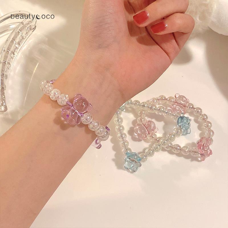 Beautycoco🍊Dây buộc tóc hình gấu đính hạt pha lê trong suốt màu kẹo dễ thương cho nữ