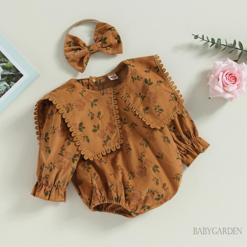 Bộ Áo Liền Quần Tay Dài Cổ Búp Bê In Hoa + Băng Đô Cài Tóc Thời Trang Cho Bé Gái 0-18 Tháng Tuổi