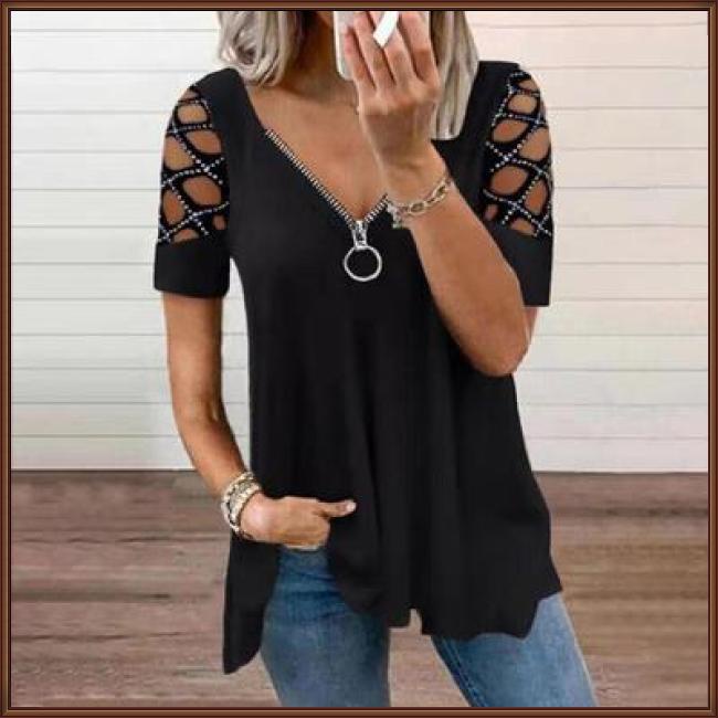 Áo Thun Tay Ngắn Cổ Chữ V Khoét Lỗ Màu Sắc Thời Trang Mùa Hè Cho Nữ